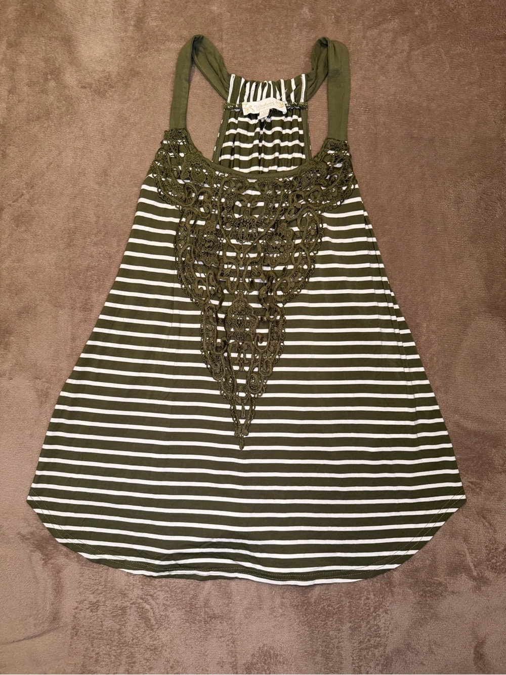 Weekend by Suzanne Betro Olive Green Striped Lace Tank Top Size M
